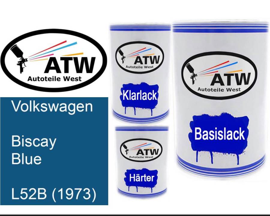 Volkswagen, Biscay Blue, L52B (1973): 500ml Lackdose + 500ml Klarlack + 250ml Härter - Set, von ATW Autoteile West.